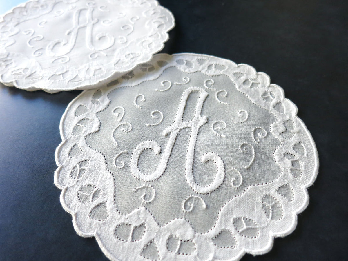 &quot;A&quot; Monogram Vintage Madeira Organdy Cocktail Rounds - Set of 6