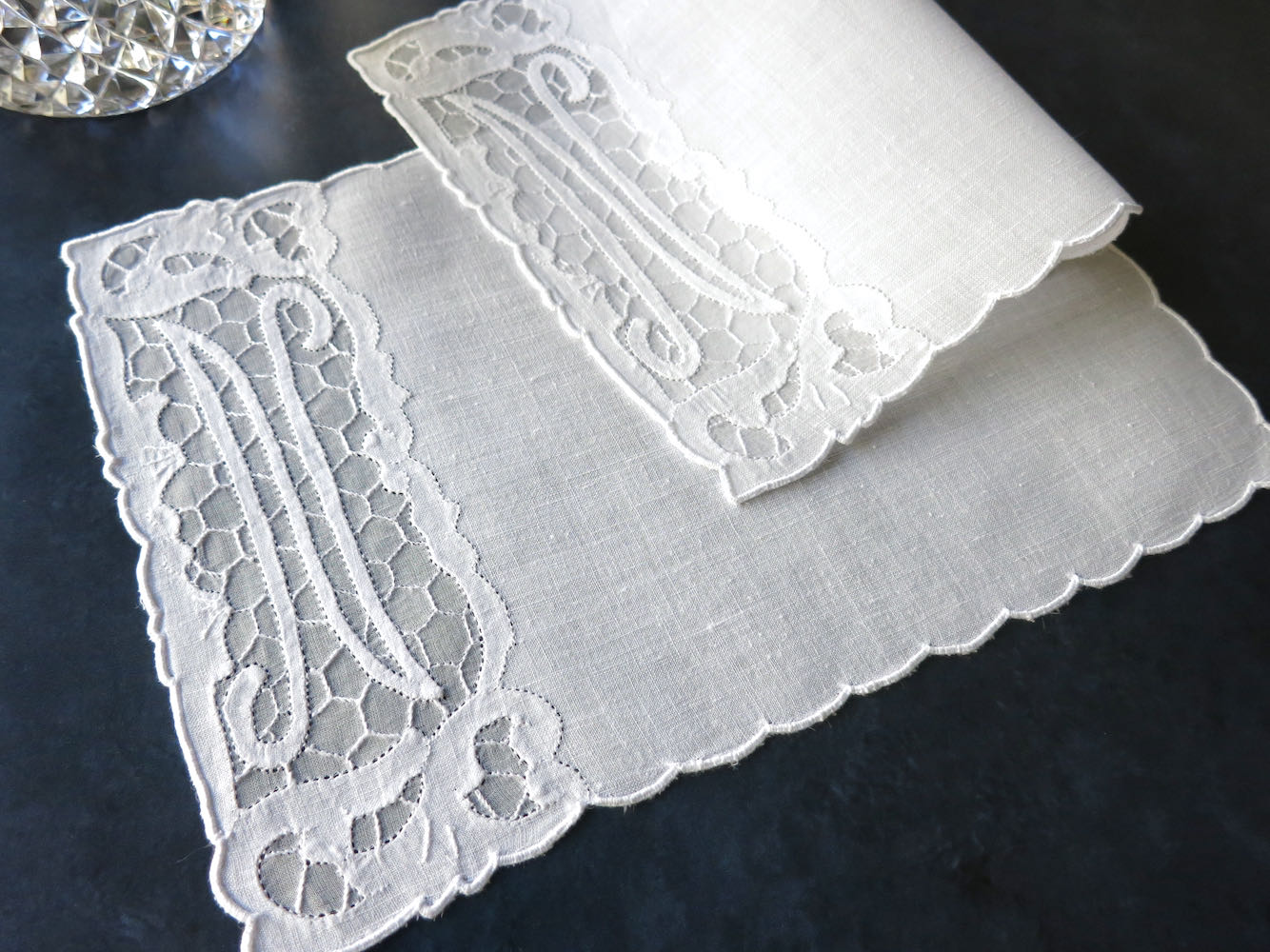 "N" Monogram Vintage Madeira Linen Cocktail Napkins - Set of 6