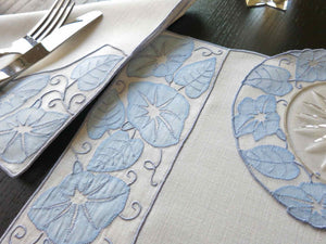 "Morning Glory" Vintage Marghab Madeira 19pc Linen Placemat Set for 6