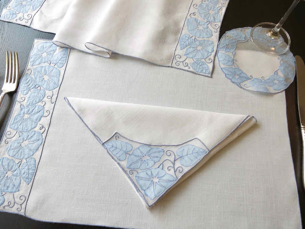 "Morning Glory" Vintage Marghab Madeira 19pc Linen Placemat Set for 6