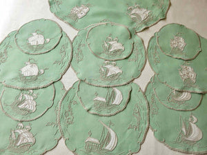"Old Ships" Sea Monsters Vintage Marghab 13pc Placemat Set for 6