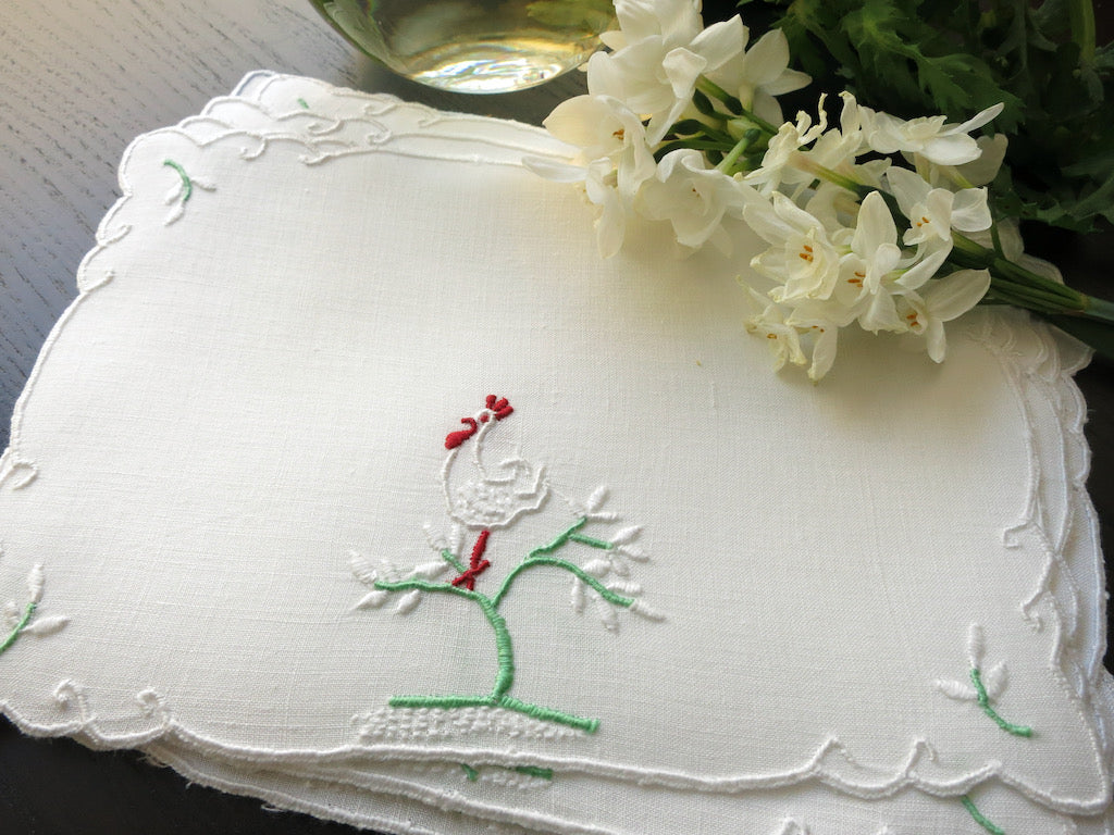Rooster on Flowering Tree Vintage Madeira Linen Cocktail Napkins ~ Set of 6