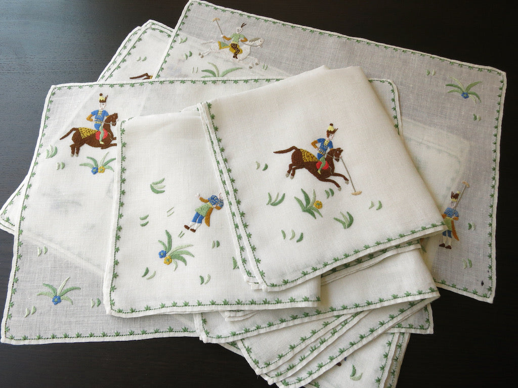 Persian Polo Players Italian Rapisardi Linen 16pc Placemat Set, Setting for 8