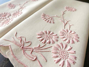 Pink Flowers Vintage Madeira Hand Embroidery Guest Towels - Set of 2