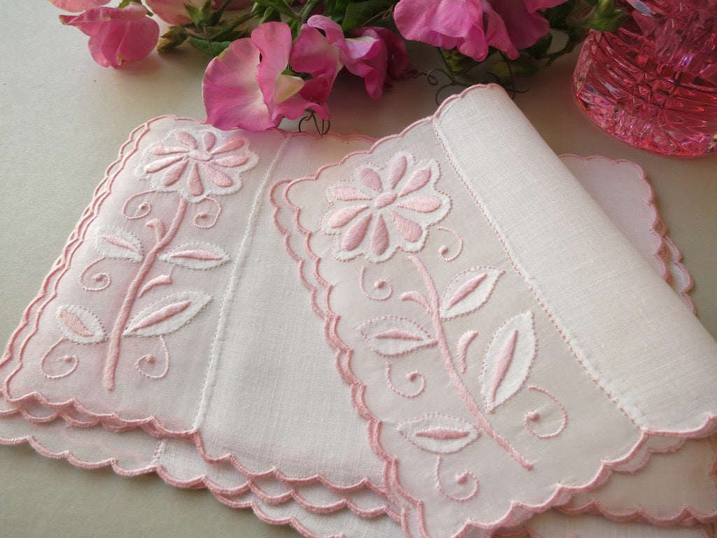 Daisies in Pink Vintage Madeira Embroidered Cocktail Napkins - Set of 6