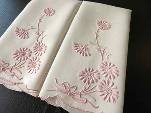 Pink Flowers Vintage Madeira Hand Embroidery Guest Towels - Set of 2