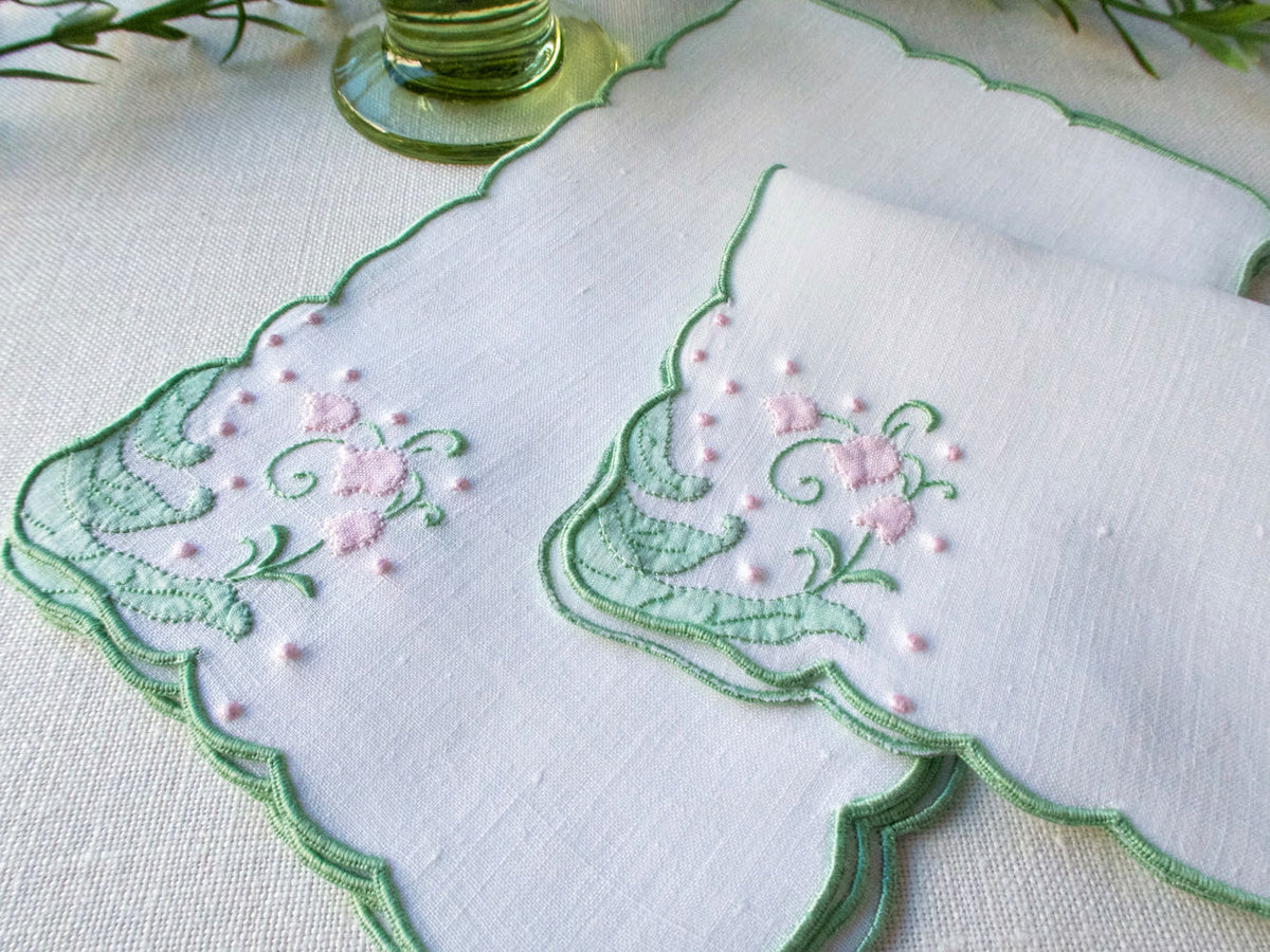 Pink Bellflowers Vintage Madeira Linen Cocktail Napkins, Set of 6