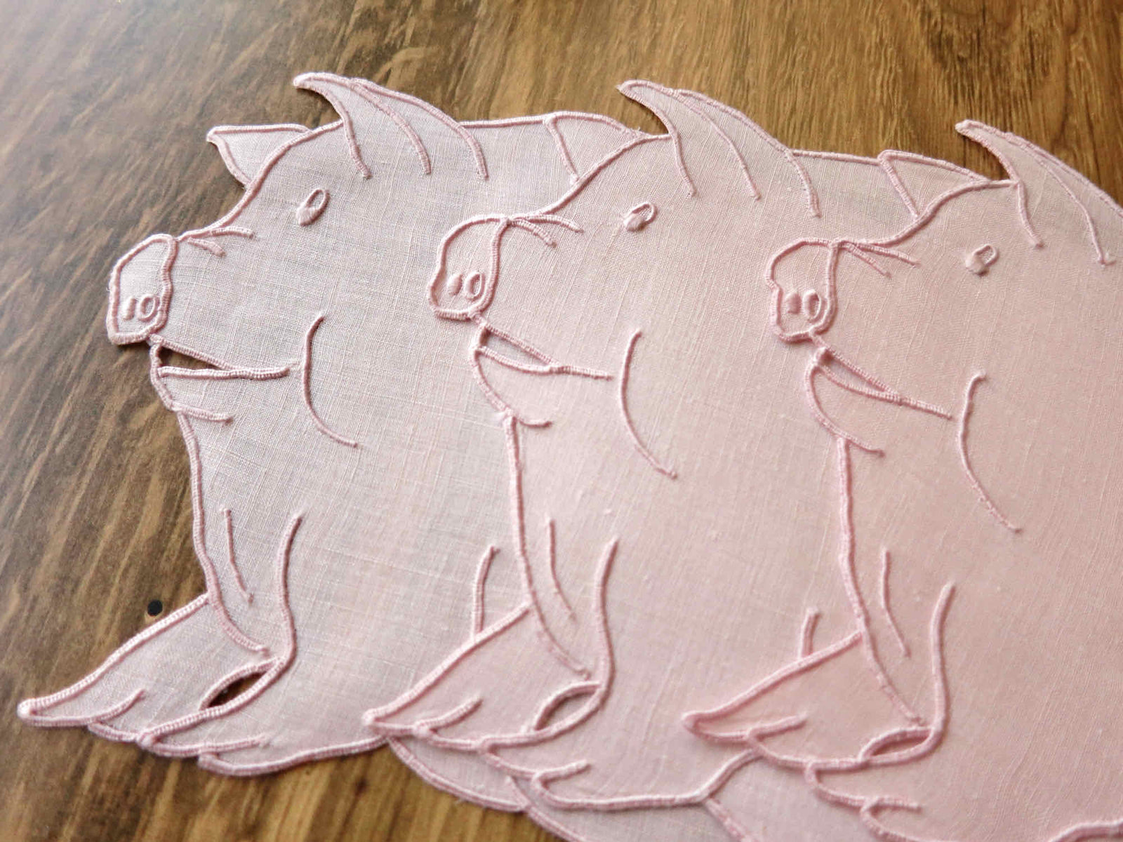 Pink Pigs Vintage Madeira Linen Cocktail Napkins ~ Set of 6
