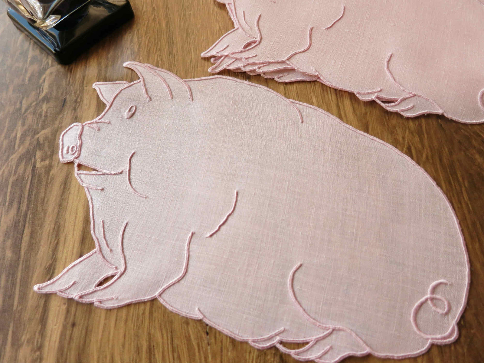 Pink Pigs Vintage Madeira Linen Cocktail Napkins ~ Set of 6