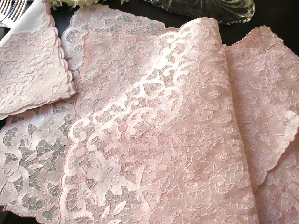 Pink Satin Flowers &amp; Honeycomb Vintage Madeira 16pc Placemat Setting for 8