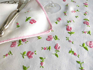 Pitimini Roses Vintage French Linen Tablecloth 8 Napkins 62x88"