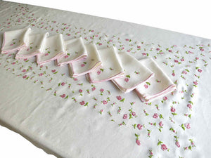 Pitimini Roses Vintage French Linen Tablecloth 8 Napkins 62x88"