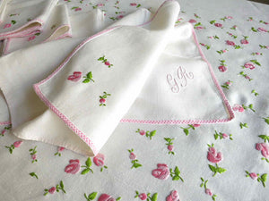 Pitimini Roses Vintage French Linen Tablecloth 8 Napkins 62x88"