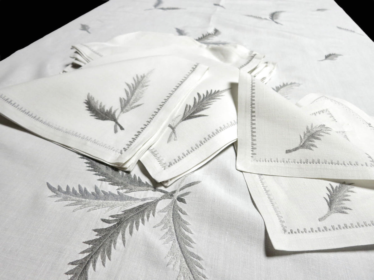 Plumes Vintage Linen Tablecloth 65x130, 12 Dinner + 12 Cocktail Napkins