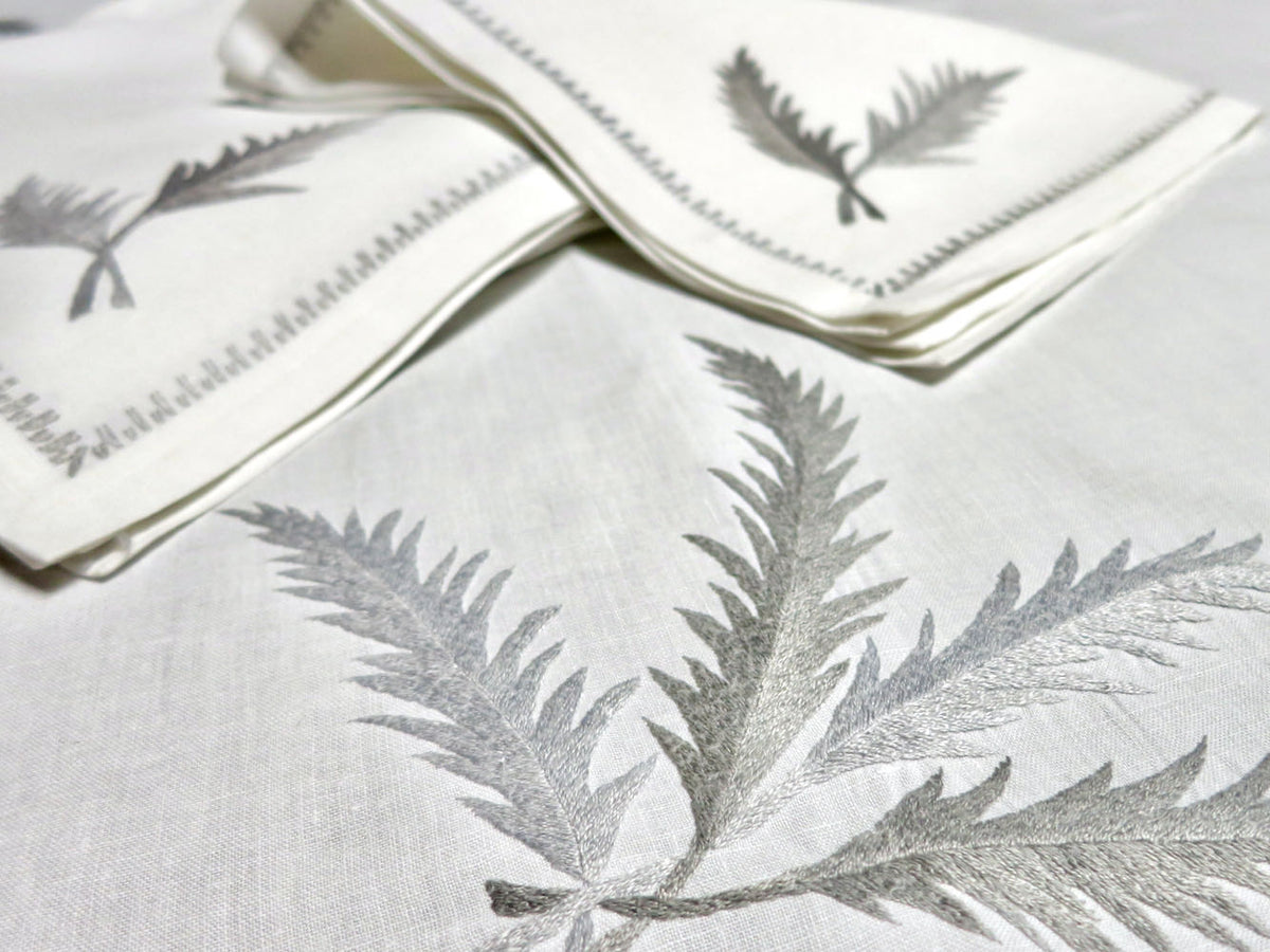 Plumes Vintage Linen Tablecloth 65x130, 12 Dinner + 12 Cocktail Napkins