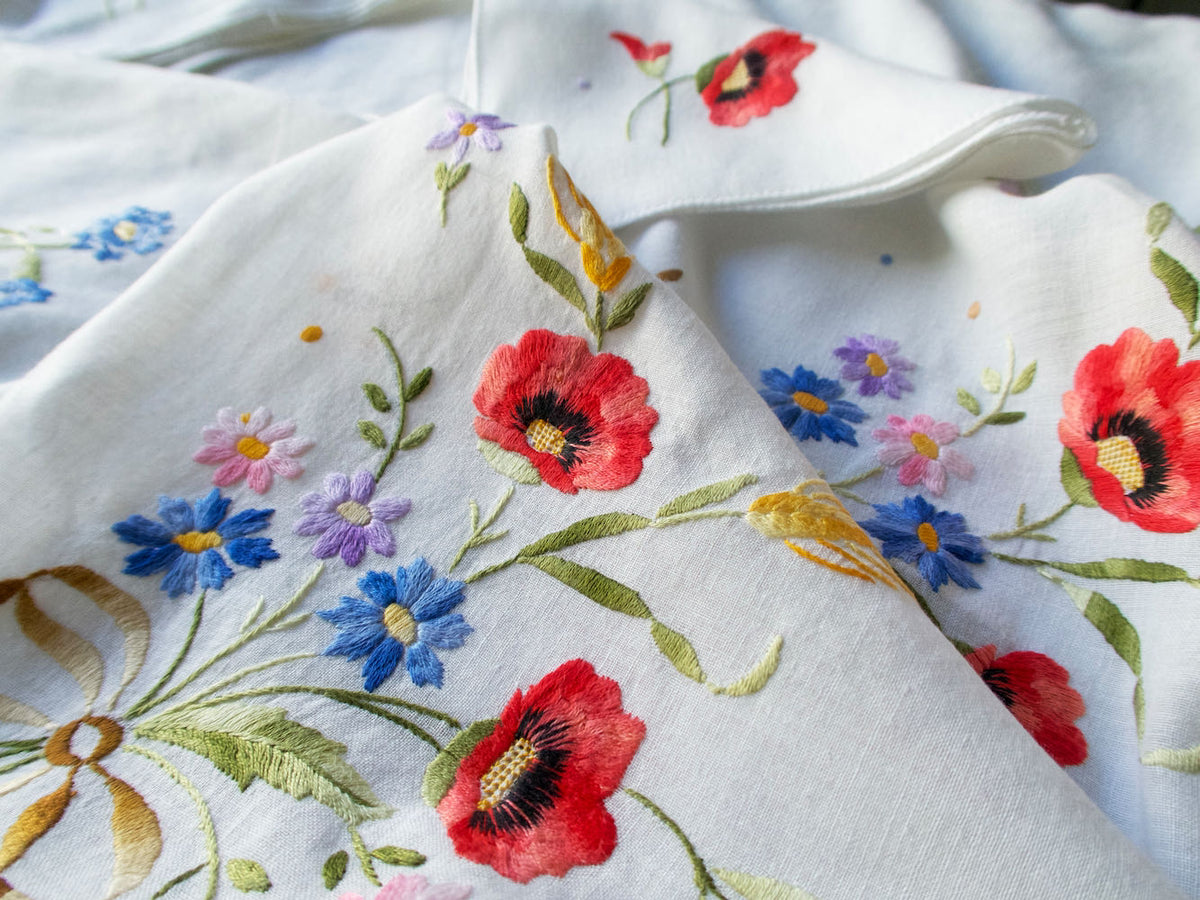 Poppies Wheat Vintage Italian Linen Tablecloth 66x112, &amp; 12 Napkins
