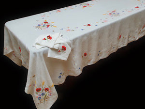 Poppies Wheat Vintage Italian Linen Tablecloth 66x112, & 12 Napkins
