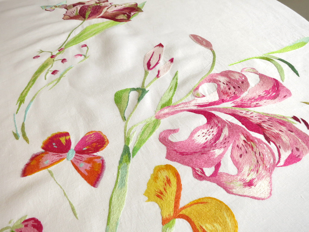 Lilies &amp; Butterflies Vintage D Porthault Embroidered Linen 90&quot; Round Tablecloth
