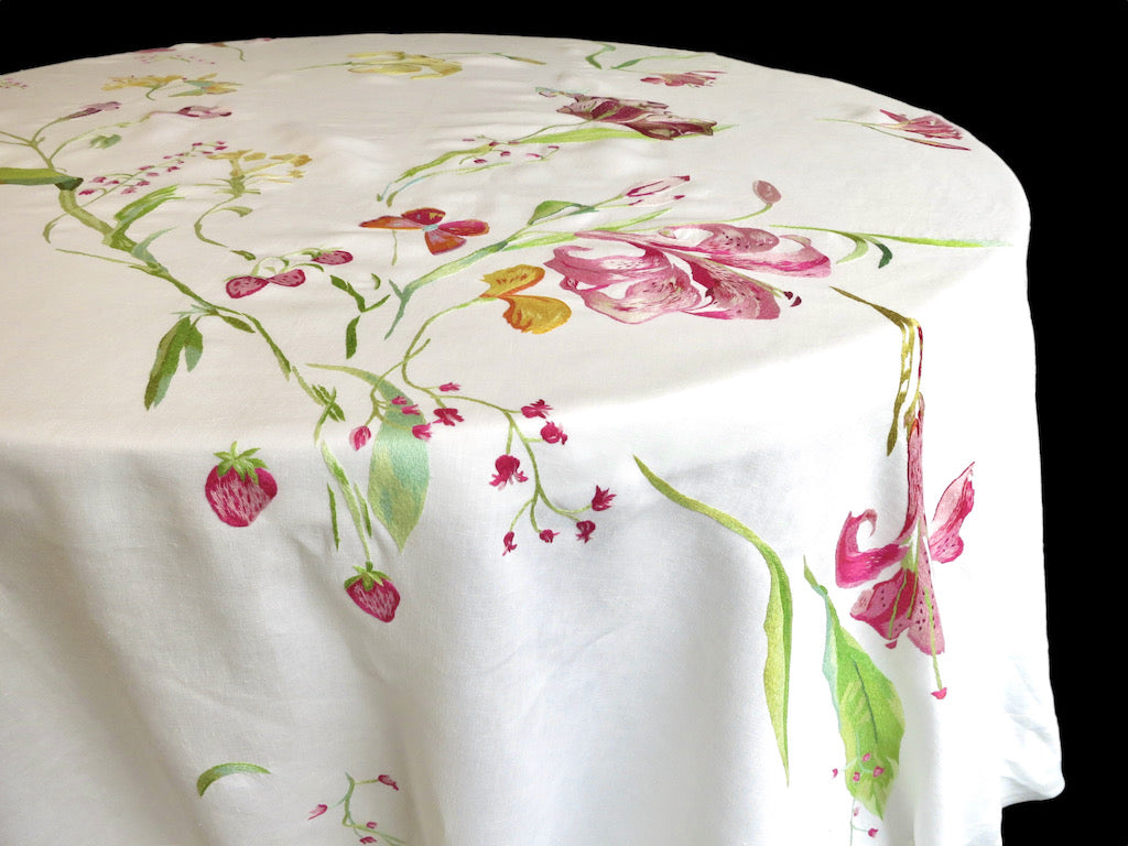 Lilies & Butterflies Vintage D Porthault Embroidered Linen 90" Round Tablecloth