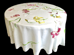 Lilies & Butterflies Vintage D Porthault Embroidered Linen 90" Round Tablecloth