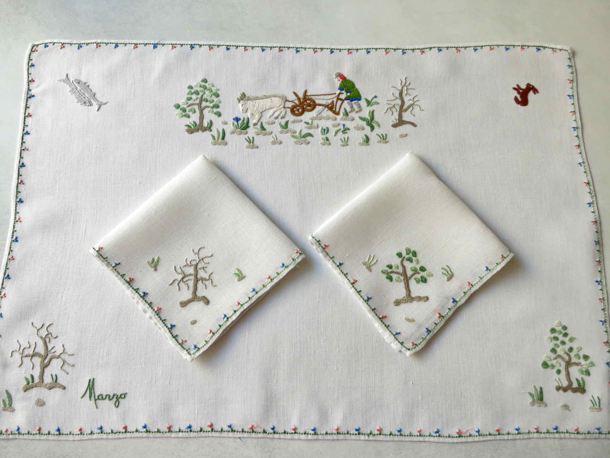 Medieval Farmer Vintage Rapisardi Italian Embroidered 3pc Breakfast Set