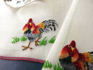 Banty Rooster Vintage Hand Embroidered Cocktail Napkins, Set of 4