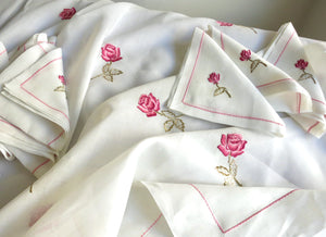 Roses with Gold Vintage French Batiste Tablecloth 8 Napkins 64x92"