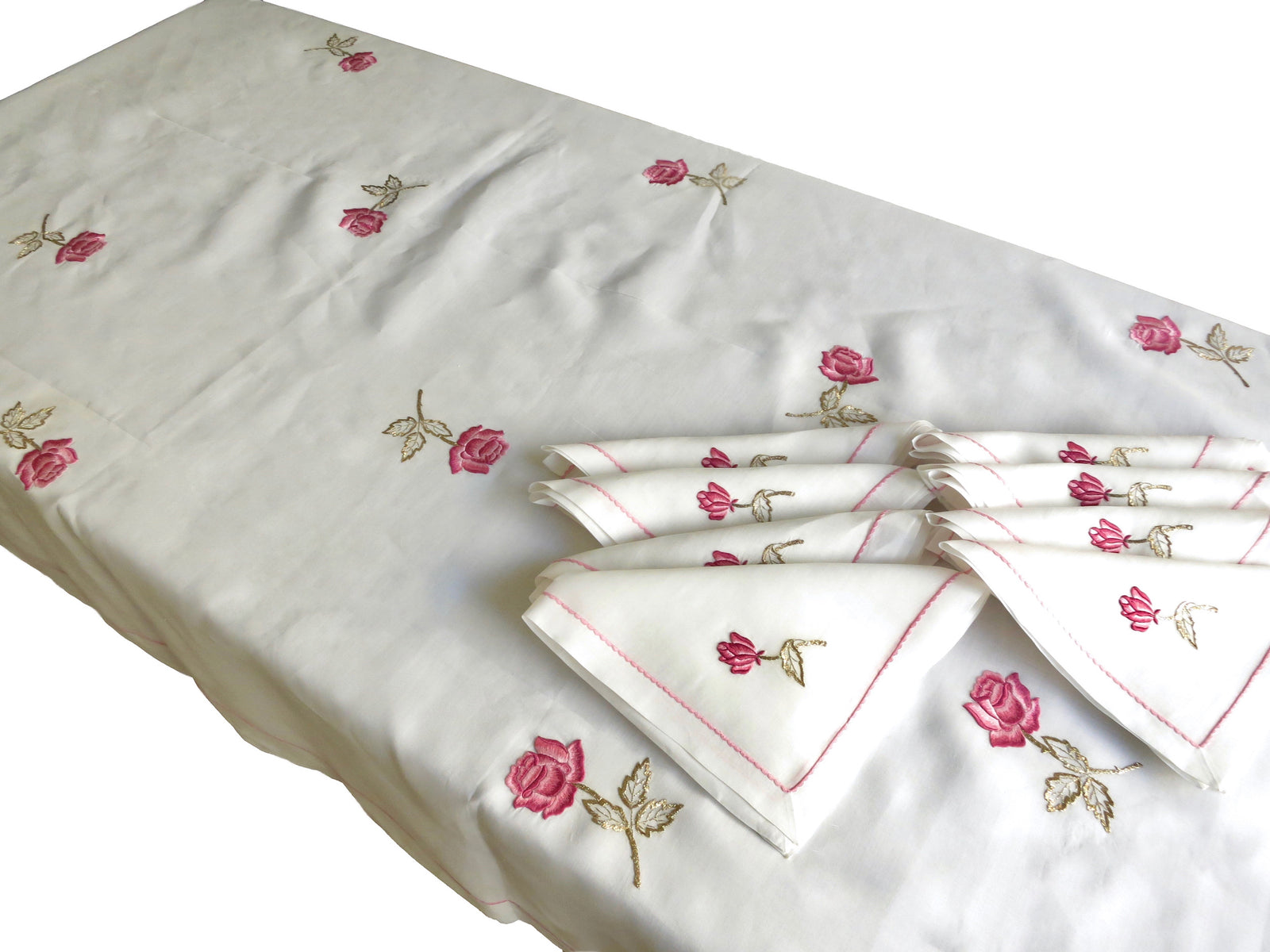 Set of eight vintage European cotton batiste napkins hand embroidered with pink roses and intricate pink embellished borders, fanned out