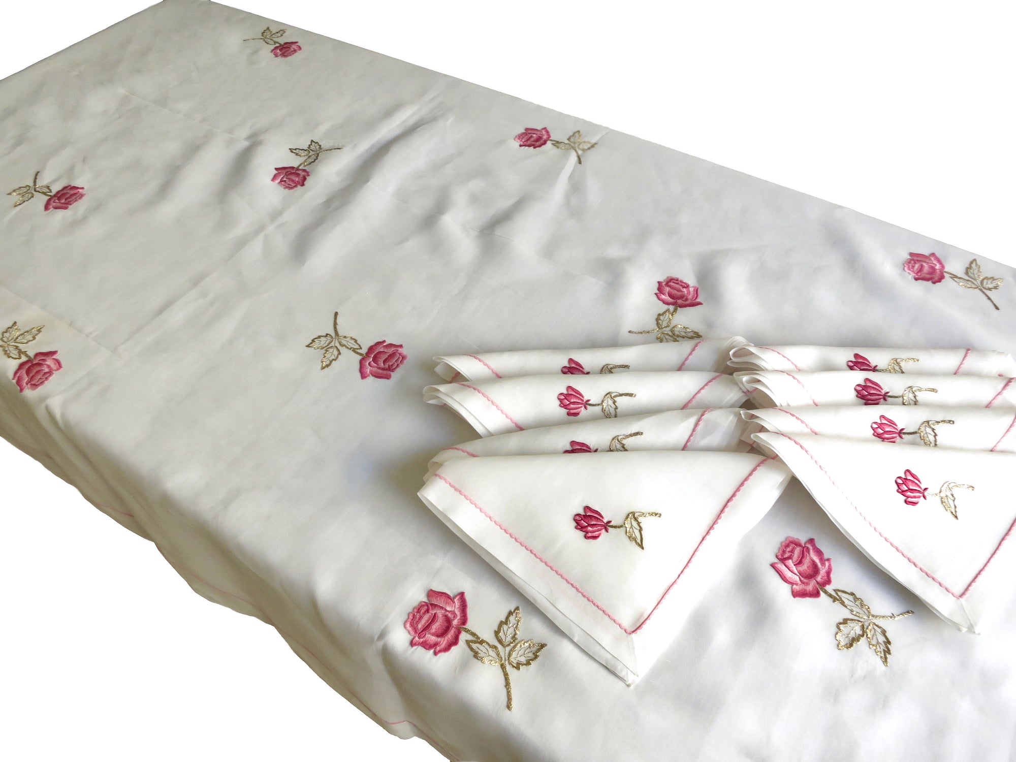 Roses with Gold Vintage French Batiste Tablecloth 8 Napkins 64x92"