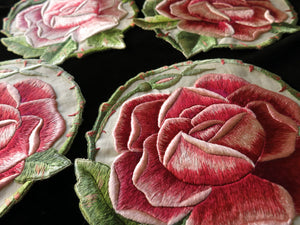 Lush Roses in Dense Silk Society Embroidery Cocktail Rounds - Set of 4