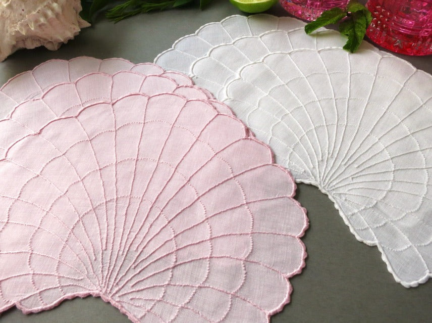 Pink &amp; White Shells Vintage Madeira Linen Cocktail Napkins - Set of 6