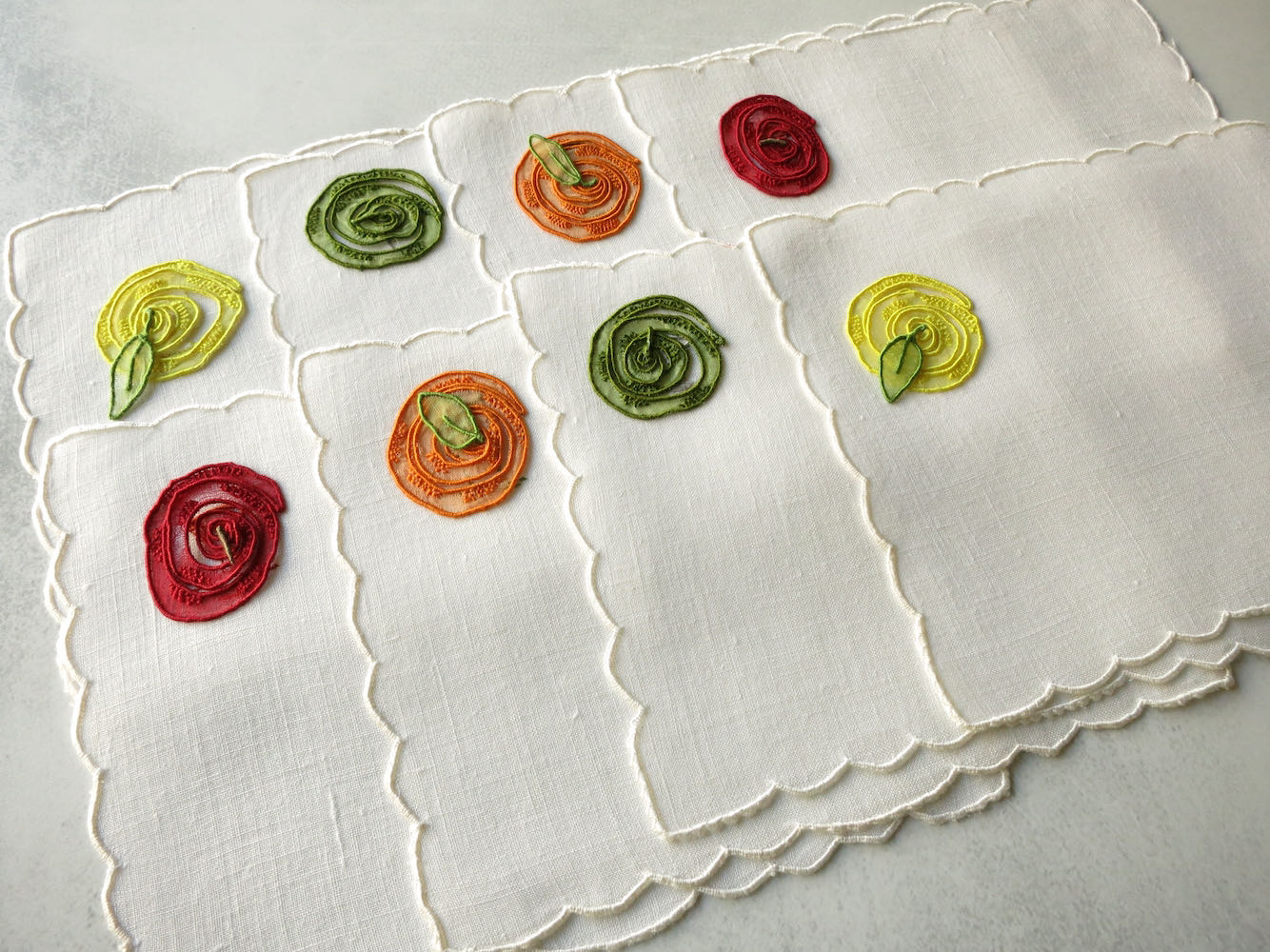 Fruit Spirals Vintage Madeira Linen Cocktail Napkins, Set of 8