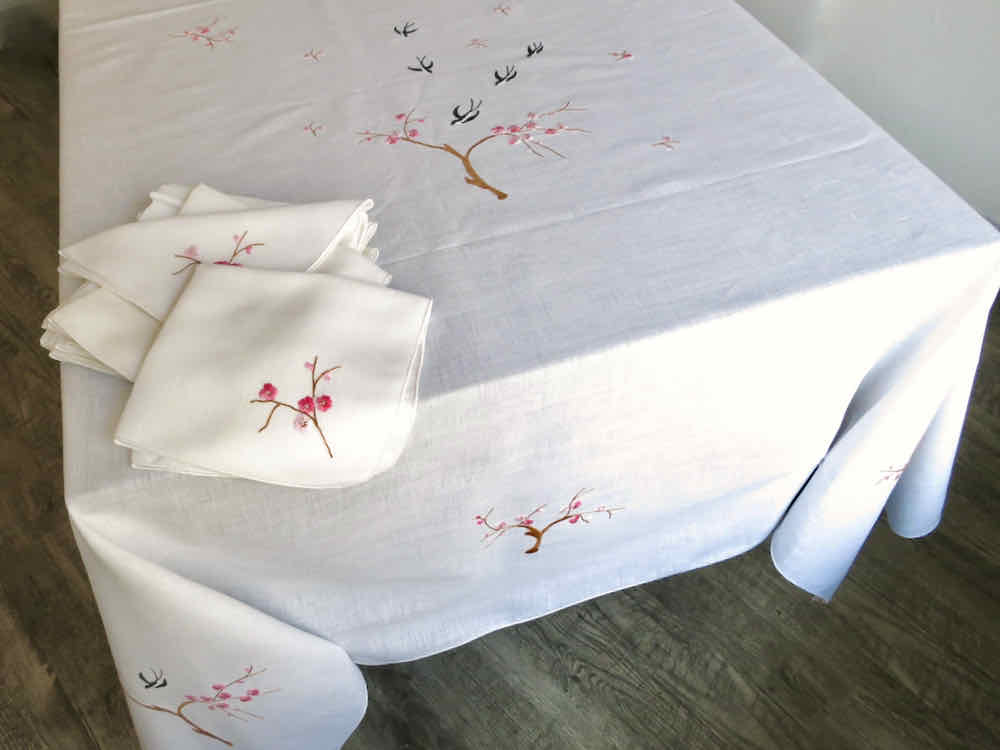 Magpies & Cherry Blossoms Vintage Italian Linen 68x90" Tablecloth & 12 Napkins