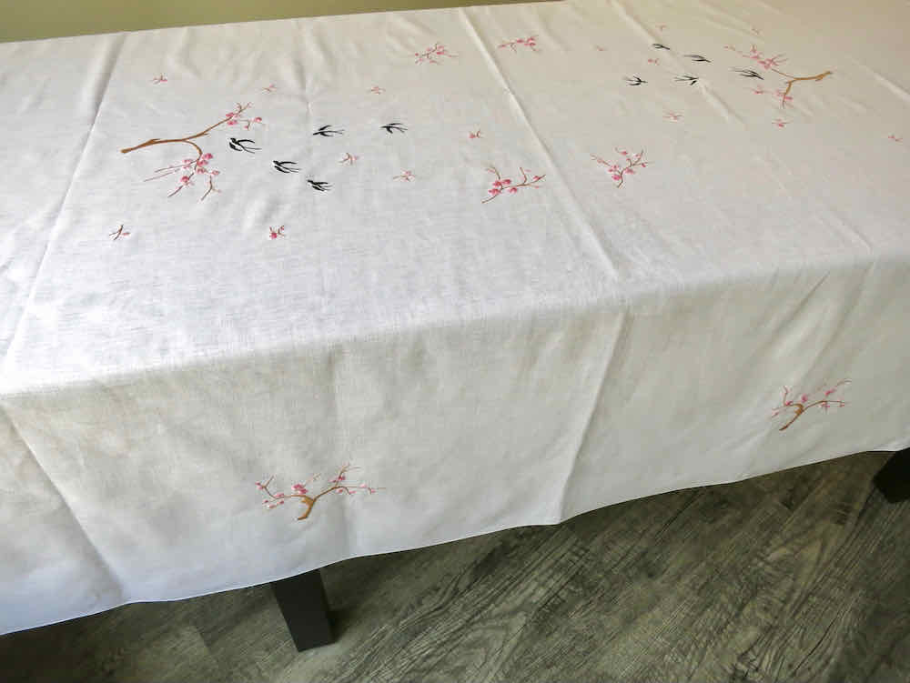 Magpies & Cherry Blossoms Vintage Italian Linen 68x90" Tablecloth & 12 Napkins