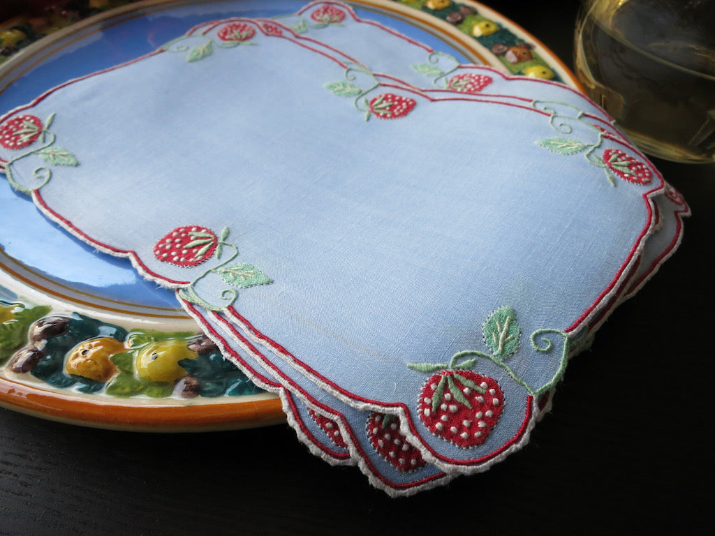 Strawberries on Blue Vintage Madeira Linen Cocktail Napkins ~ Set of 6