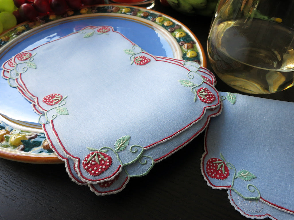 Strawberries on Blue Vintage Madeira Linen Cocktail Napkins ~ Set of 6