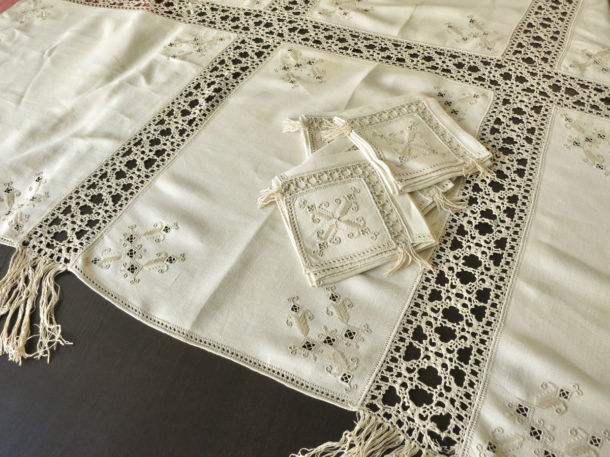 Fringed Antique Italian Linen &amp; Lace Tablecloth 12 Napkins 70x120&quot;