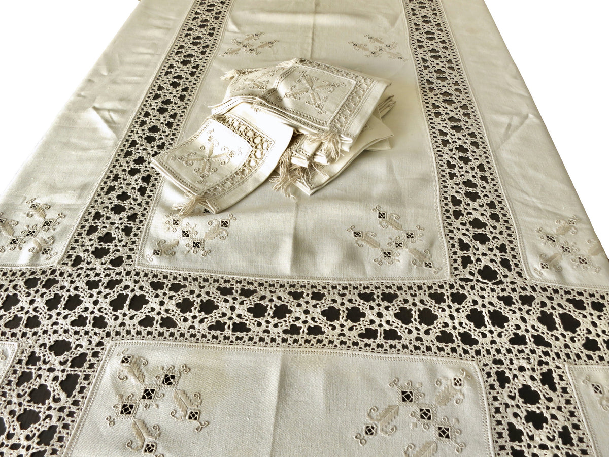Fringed Antique Italian Linen &amp; Lace Tablecloth 12 Napkins 70x120&quot;