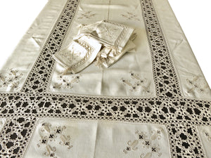 Fringed Antique Italian Linen & Lace Tablecloth 12 Napkins 70x120"