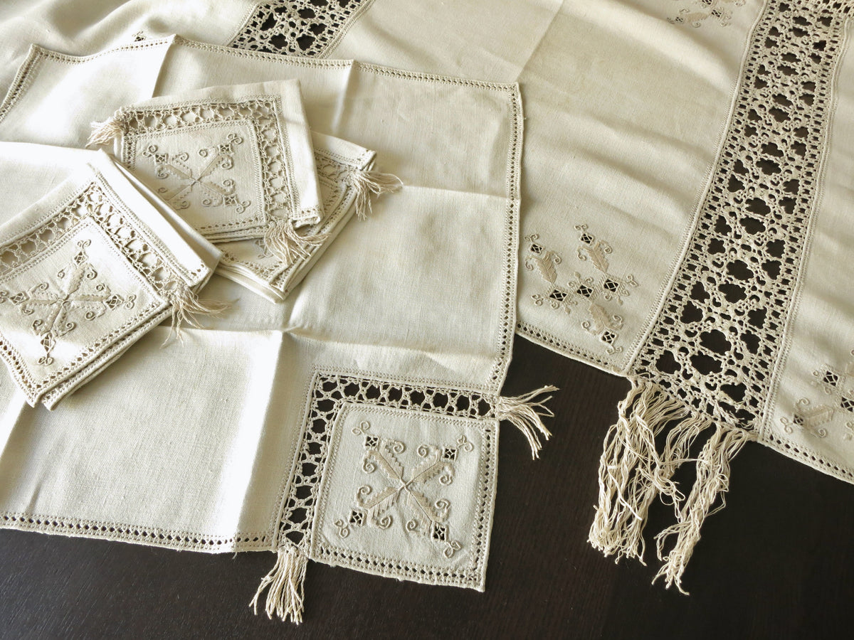 Fringed Antique Italian Linen &amp; Lace Tablecloth 12 Napkins 70x120&quot;