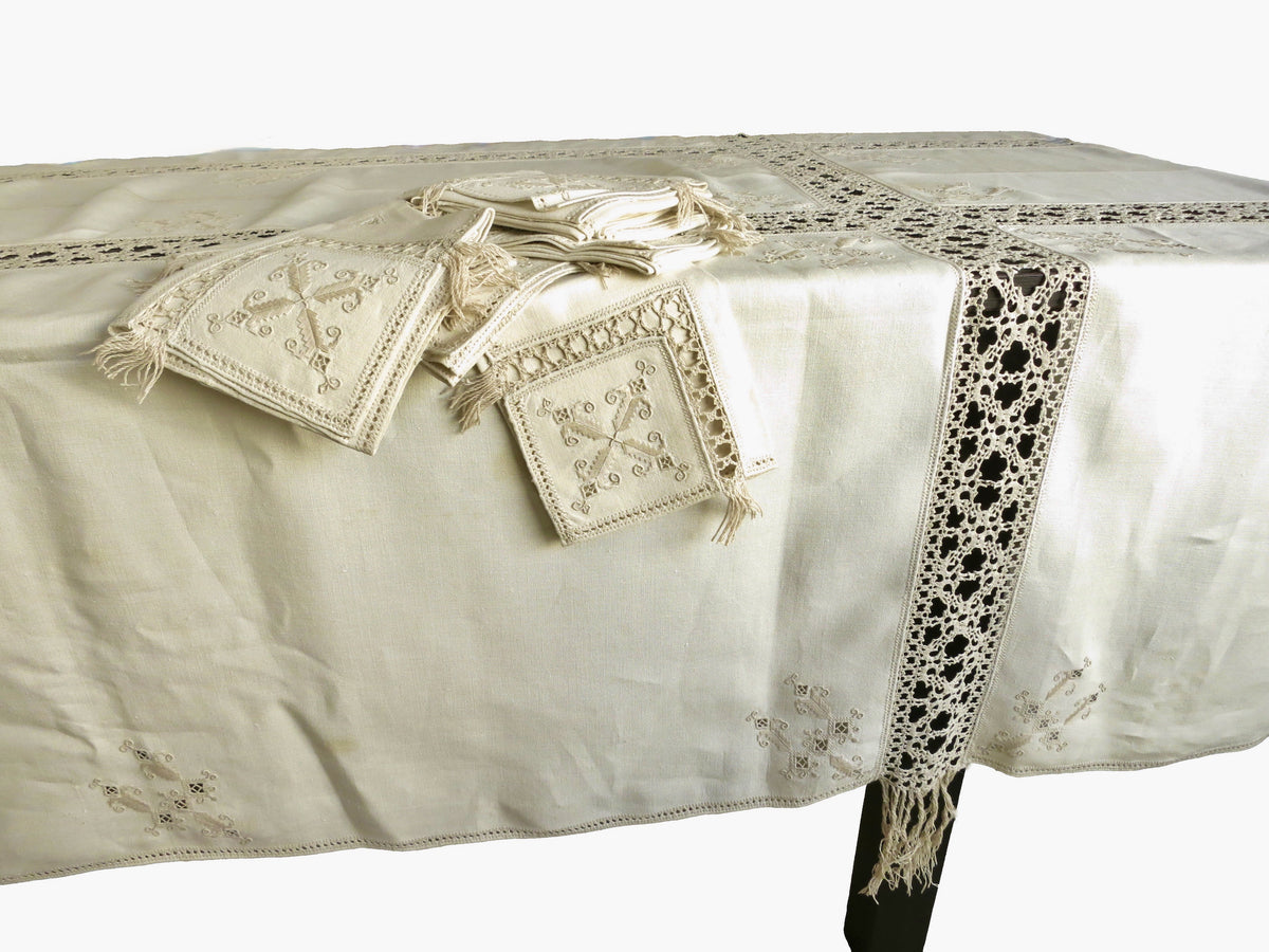 Fringed Antique Italian Linen &amp; Lace Tablecloth 12 Napkins 70x120&quot;