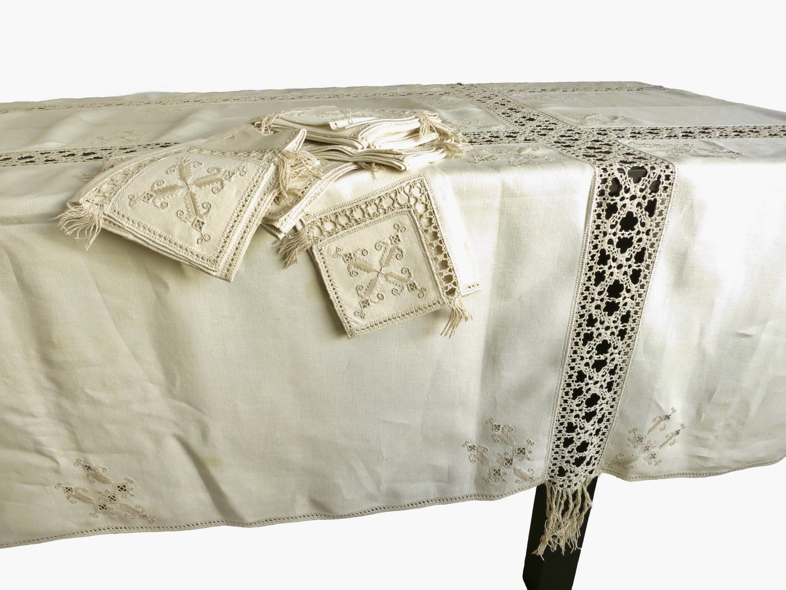 Fringed Antique Italian Linen & Lace Tablecloth 12 Napkins 70x120"