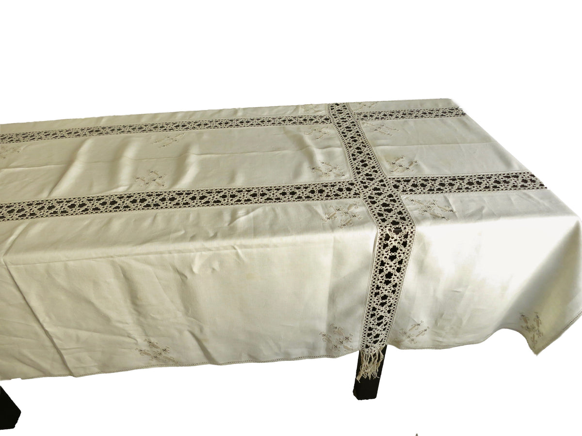 Fringed Antique Italian Linen &amp; Lace Tablecloth 12 Napkins 70x120&quot;