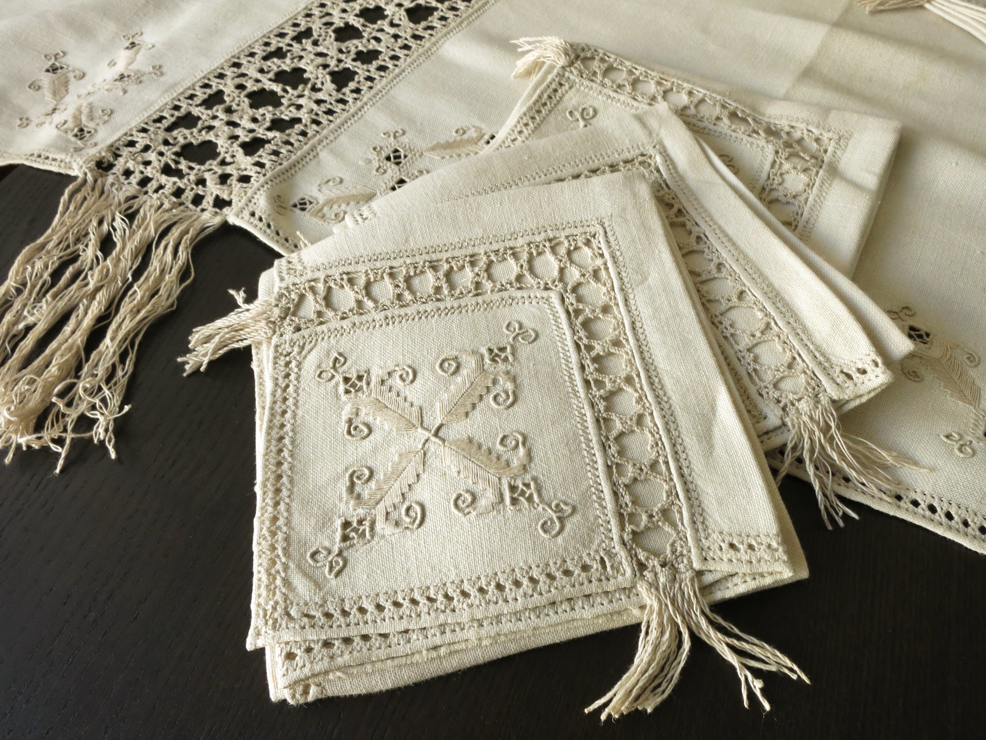 Fringed Antique Italian Linen & Lace Tablecloth 12 Napkins 70x120"