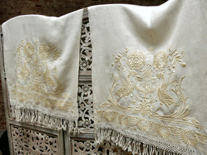 Antique Birds & Flowers Gold Embroidered Linen Show Towels, Pair