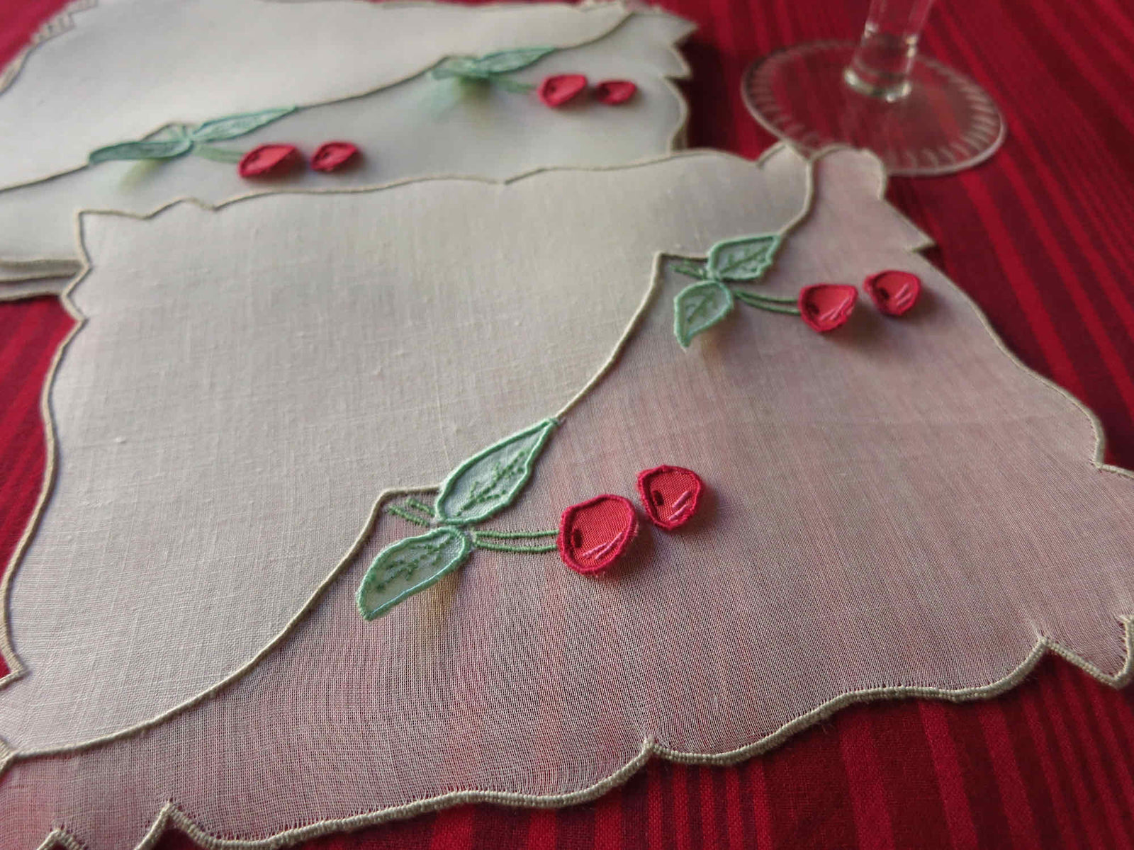 Trembler Cherries Vintage Madeira Embroidered Cocktail Napkins - Set of 6