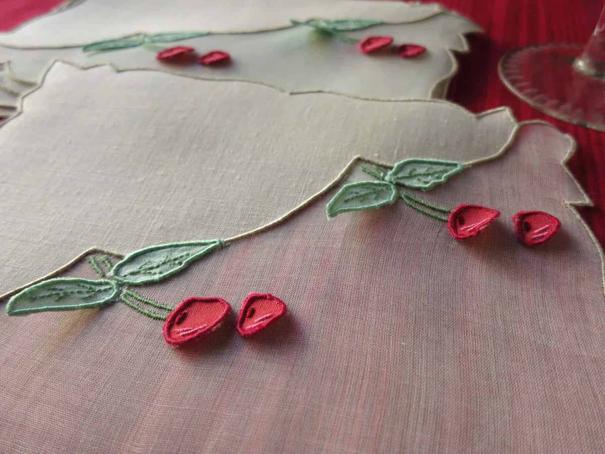 Trembler Cherries Vintage Madeira Embroidered Cocktail Napkins - Set of 6
