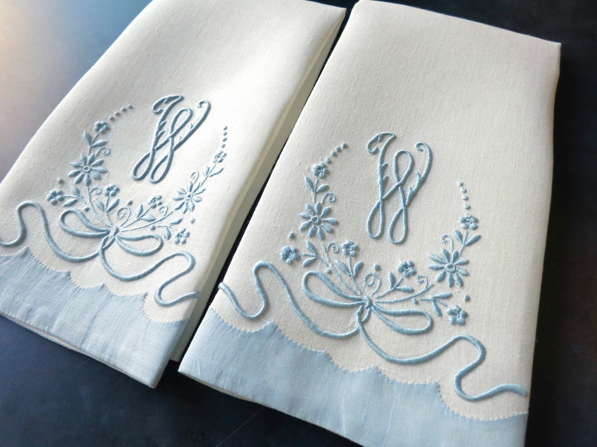 &quot;W&quot; Monogram Vintage Madeira Linen Guest Towels - Set of 2