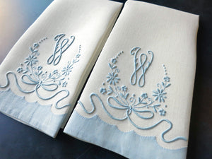"W" Monogram Vintage Madeira Linen Guest Towels - Set of 2