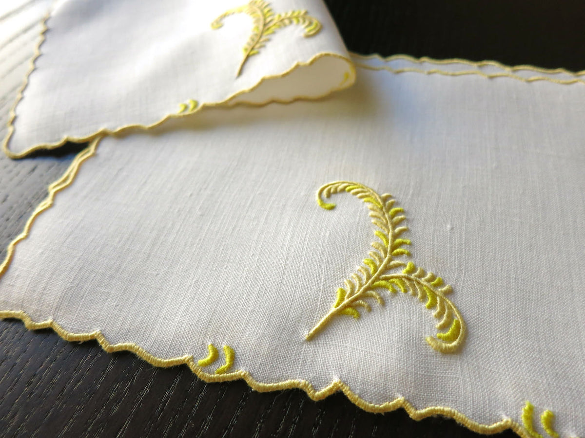 Yellow Plumes Vintage Madeira Linen Cocktail Napkins ~ Set of 6